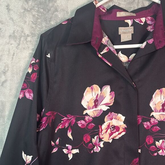 Chico’s Black Purple Floral Button Front Top Long Sleeve Blouse Size 2 - Picture 6 of 8